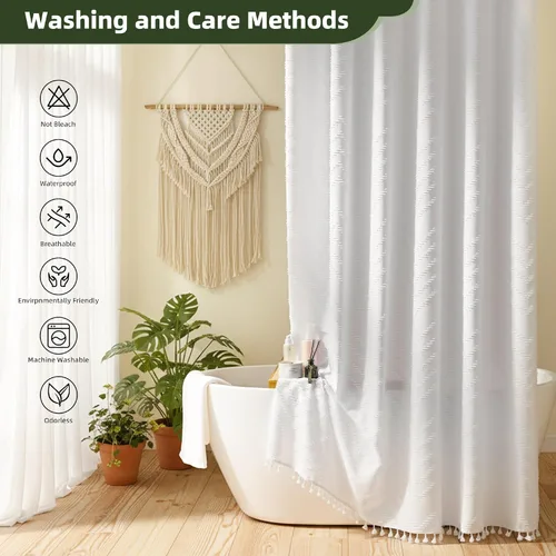 Vista 14 de Cortina de ducha Siiluminisoy de 36x72 beige, cortina de ducha de tela de tamaño pequeño, cortinas de ducha de tela con tufting, diseño chevron a