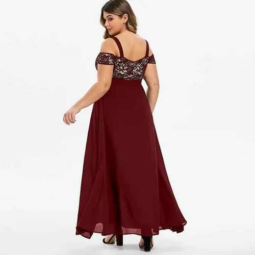 Vista 2 de Aniywn Vestido largo de gasa con hombros descubiertos para mujer, vestido largo de encaje floral y encaje para fiesta, vestido de noche