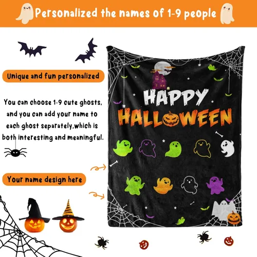 Vista 3 de Manta de Halloween personalizada con nombre, mantas de Halloween personalizadas para niños, Halloween personalizada para niños y niñas, bonita manta
