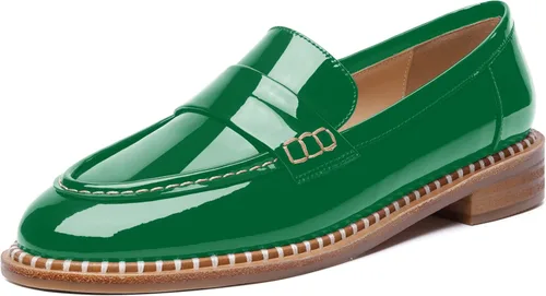 Vista 15 de FOGEENA Mocasines de tacón bajo para mujer, estilo casual, puntera redonda, de charol grueso, de 1 pulgada