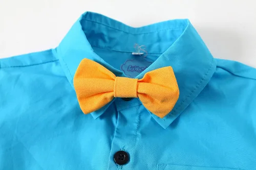 Vista 4 de Kimocat Conjunto de traje casual de verano para bebé y niño manga corta pajarita tirantes y pantalones cortos