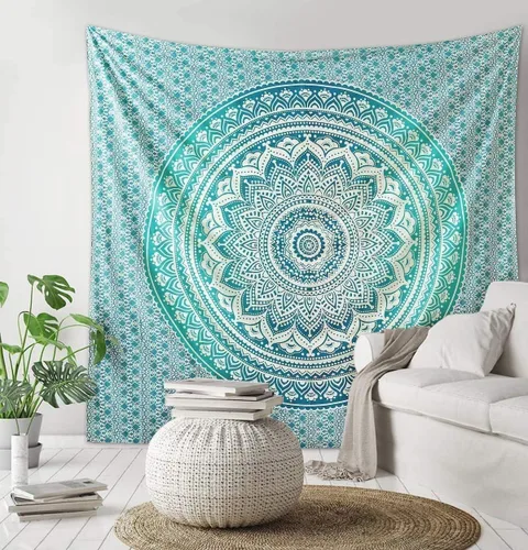 Vista 13 de ANJANIYA - Tapiz para colgar en la pared, diseño de mandala, nuevo sombreado dorado, decoración de dormitorio, metálico, hippy, arte de muro