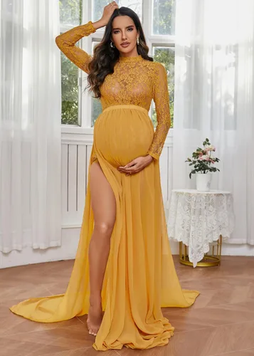 Vista 2 de ZIUMUDY Vestido de manga larga con encaje transparente para maternidad para fotografía con falda maxi de gasa para sesión de fotos