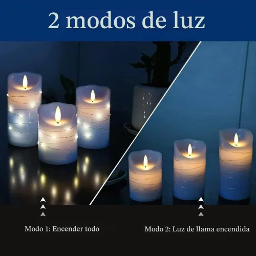 Vista 4 de danip Vela LED sin llama azul cielo con cuerda de luz de estrellas integrada, 3 velas LED, control remoto de 11 teclas, función de temporizador