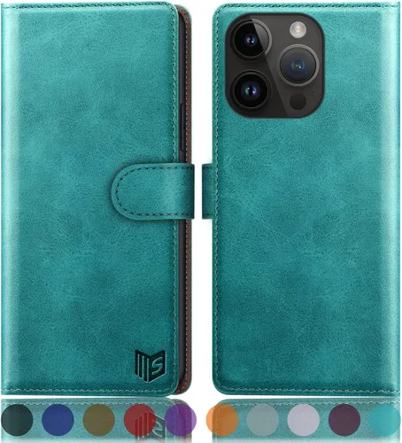 Vista 14 de SUANPOT Funda protectora tipo cartera con función atril para iPhone 15 de 6.1 pulgadas, con soporte para tarjetas de crédito RFID, funda de piel