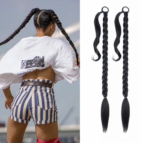 Vista 9 de Paquete de 2 extensiones de cola de caballo trenzada con lazo elástico, lacio, elegante envolvente, extensiones de cola de caballo de 26 pulgadas