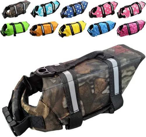 Vista 8 de Chaleco salvavidas para perros de fácil ajuste con cinturón ajustable para proteger las mascotas, traje de baño de seguridad para nadar con rayas