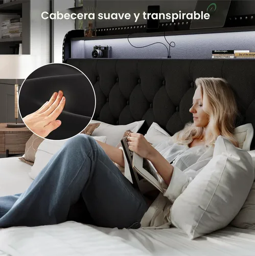 Vista 4 de LARMACE Base de cama tamaño King con 4 cajones de almacenamiento, base de cama tapizada de terciopelo, plataforma King con luces LED y estación