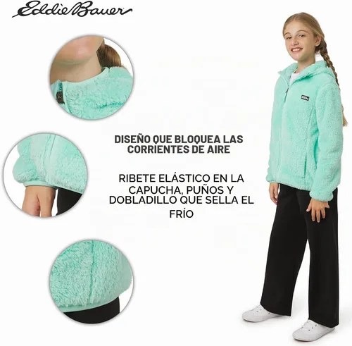 Vista 3 de Eddie Bauer Chaqueta con capucha de sherpa de imitación de pelo alto Quest para niñas Verde azulado