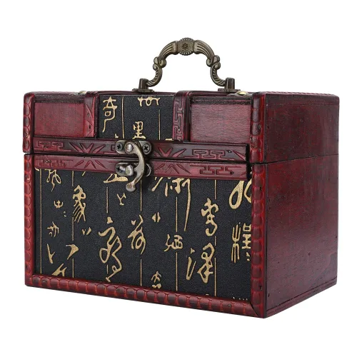 Vista 7 de Cofre del tesoro de madera caja de almacenamiento del pecho diseño antiguo pequeño tesoro caja de joyería organizador de joyería 02
