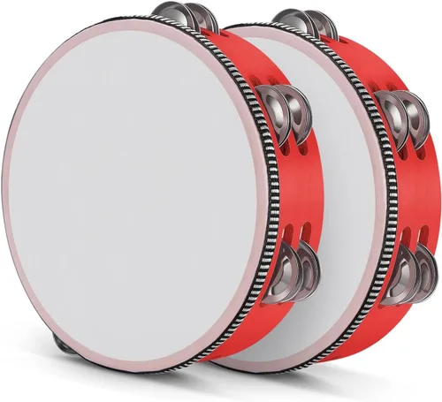 Vista 17 de Flexzion Pandereta de madera de mano para adultos de 6 pulgadas, doble fila de 8 pares de jingles (rojo) - Instrumento musical de pandereta redonda