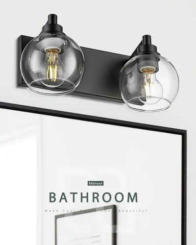 Vista 7 de Accesorios de iluminación de baño, luz de tocador mate negra de 2 luces, apliques de pared modernos con pantalla de globo de vidrio transparente