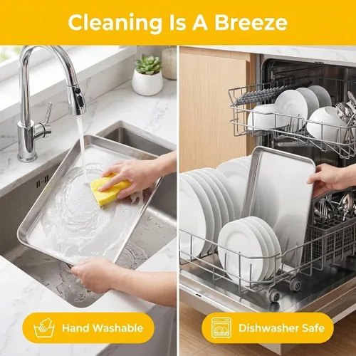 Vista 7 de TeamFar Juego de 2 sartenes para horno tostador, de acero inoxidable, 12.5 x 9.5 x 1 pulgadas, no tóxicas y saludables, sin óxido y acabado espejo