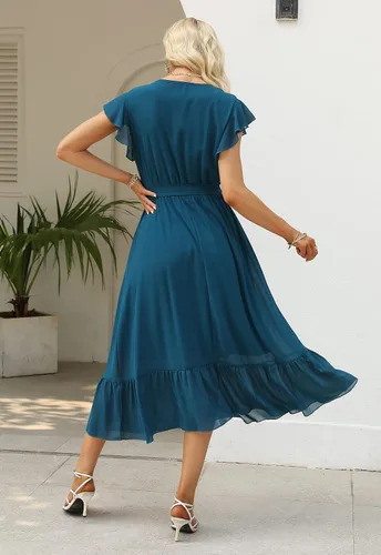 Vista 2 de NAVINS NA1009 - Vestido casual de gasa con cuello en V y mangas con volantes, dobladillo con volantes, largo y acampanado, con cinturón, para mujer