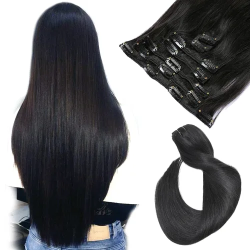 Vista 17 de Extensiones de cabello con clip Ubetta de cabello humano real, extensiones de cabello negro azabache con clip, 7 piezas, 70 g, extensiones