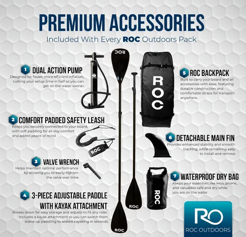 Vista 5 de Roc Tabla de remo inflable con accesorios de tabla de remo de SUP de alta calidad, diseño amplio y estable, cubierta antideslizante y cómoda