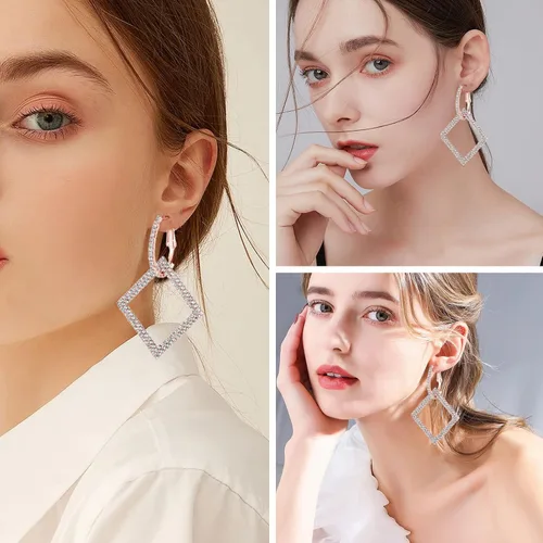 Vista 3 de KISZU Aretes de aro dorados plateados para mujer, delicados aretes colgantes cuadrados de diamantes de imitación de cristal para niñas, juego