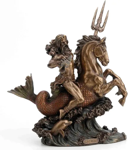 Vista 3 de Veronese Design Poseidon - Estatua de resina de hipocampo con Tridente, acabado en bronce