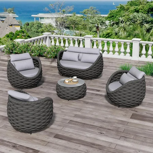 Vista 43 de Juego de muebles de patio de aluminio de 3 piezas: cuerda tejida a mano para conversación al aire libre, juego de 2 cojines modernos montados, juego