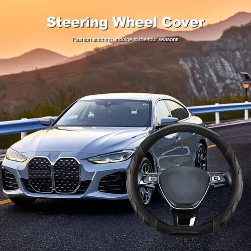 Vista 2 de Ergocar Funda deportiva en forma de D, transpirable, antideslizante, de fibra de carbono y piel de microfibra, protector de volante de automóvil