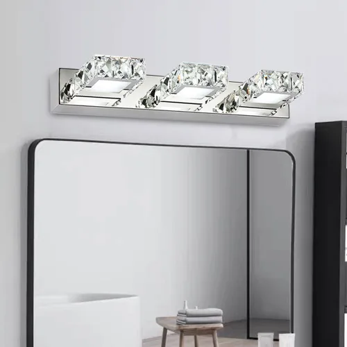 Vista 3 de Lámpara de tocador de cristal de 18.1 pulgadas, 3 luces, accesorios de iluminación de baño, lámpara de pared LED cromada moderna sobre espejo