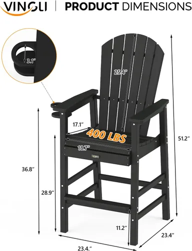 Vista 3 de VINGLI Silla Adirondack alta, silla Adirondack de plástico para todo tipo de clima con portavasos, taburetes de bar resistentes para exteriores