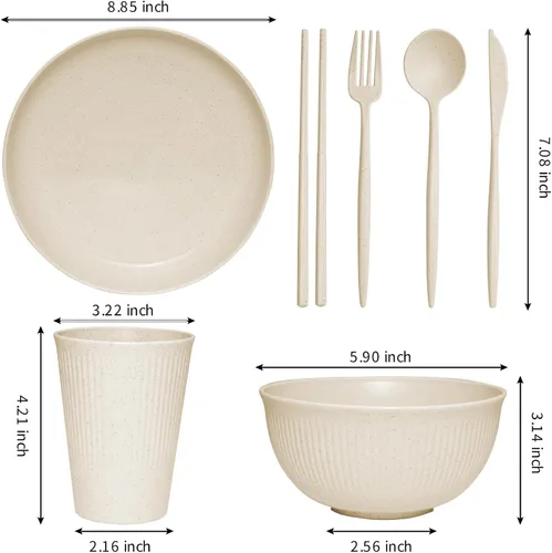 Vista 2 de Juego de vajilla de paja de trigo -DAPIPIK 42 piezas de vajilla irrompible para 6, juego de platos y cuencos para la cocina, juego de platos, tazas
