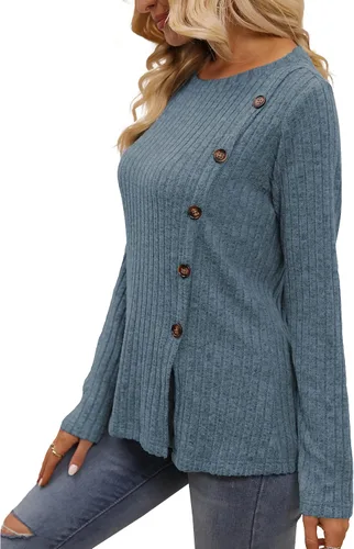 Vista 3 de Funlingo Blusa de manga larga para mujer, estilo casual, cuello en V, holgada, de gasa, para el trabajo