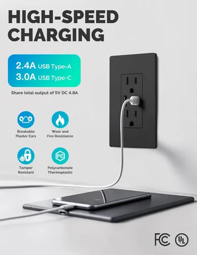 Vista 2 de MOES - Salidas USB (certificadas UL), puertos tipo C y USB-A, carga rápida de 5VDC 4.8A 24W, resistente a manipulaciones, compatible con caja