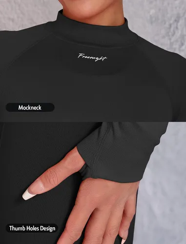 Vista 4 de FRESOUGHT Camiseta corta de manga larga para mujer, sin costuras, atlética, ropa deportiva, para gimnasio, yoga, correr, cuello alto falso