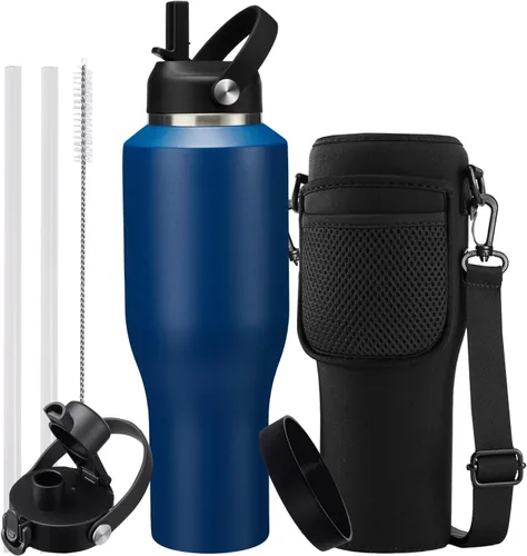 Vista 14 de Botella de agua de acero inoxidable de 32 onzas, frío-48 horas y caliente-24 horas, termo con popote y tapas de boquilla, bolsa, botella aislada al