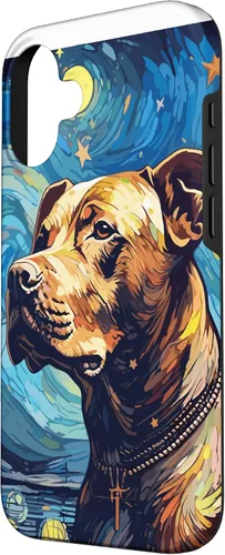 Vista 2 de Funda para iPhone 16 Pitbull Starry Night para perro, mamá, perro, papá