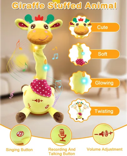 Vista 5 de Pbooo Juguete de jirafa que habla bailando, animal de peluche repite lo que dices, peluche musical electrónico con luz brillante, juguetes