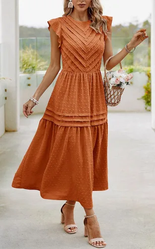 Vista 2 de Angashion Vestido largo de verano para mujer, casual, cuello redondo, manga casquillo, lunares suizos, plisado, liso, largo, vestido skater