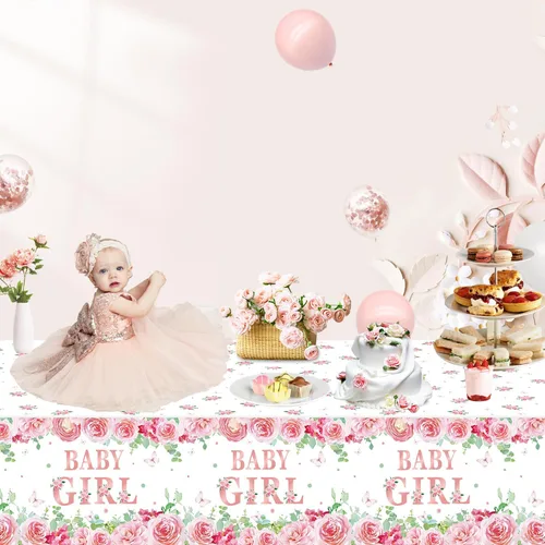Vista 2 de Paquete de 4 manteles de baby shower, decoraciones de fiesta para niñas, suministros de fiesta de revelación de género, 86 x 51 pulgadas, mantel