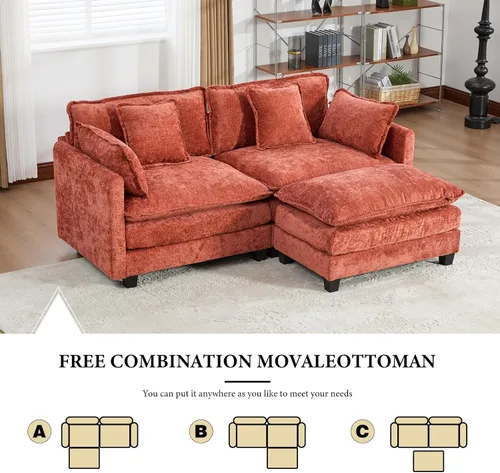 Vista 124 de Sofá seccional modular verde de 111.5", sofás seccionales grandes de 3 plazas para sala de estar, sofá nube oversized de tela chenille con otomana