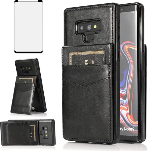 Vista 9 de Funda tipo cartera de piel verde para Samsung Galaxy Note 9 con protector de vidrio templado, tarjetero y función atril