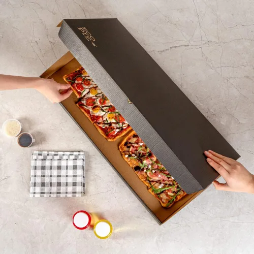 Vista 164 de Restaurantware - Cajas para pizza, 50 unidades, 14 x 7 x 1.5 pulgadas, embalaje de papel de cartón corrugado con bloqueo de pestañas, resistente a