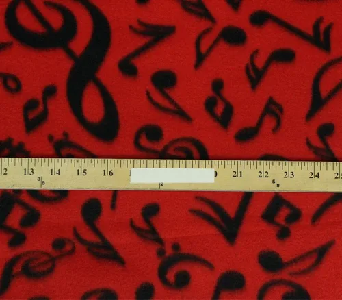 Vista 2 de Tela polar impresa anti píldora negro notas musicales (fondo rojo)