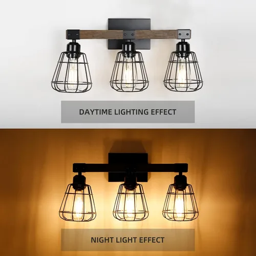 Vista 5 de Lámpara de tocador rústica de 3 luces de jaula negra rústica para baño