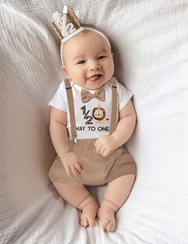 Vista 2 de DONWEN Conjunto de ropa de medio cumpleaños para bebé niño 12 Way to One con corbatín y tirantes cortos