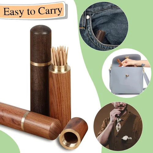 Vista 4 de Honeydak 10 piezas portátil de madera para palillos de dientes, mini caja de púas de dientes de bolsillo, estuche de transporte de palillos