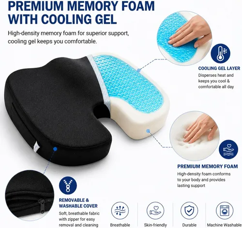 Vista 3 de Cojín de asiento para sentarse de forma prolongada, cojín de espuma viscoelástica de gel refrescante, espalda, ciática, coxis, alivio del dolor