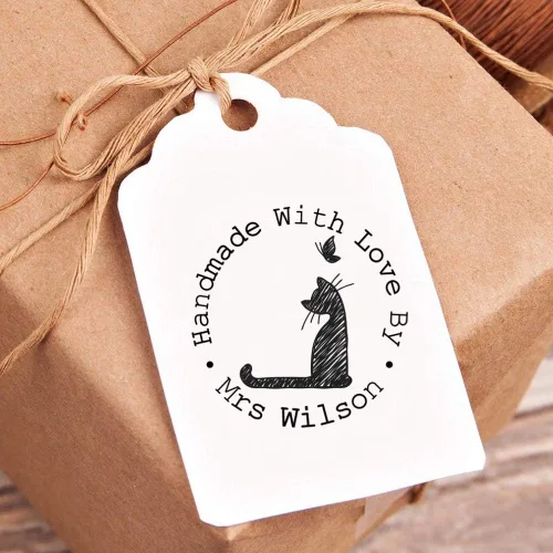 Vista 3 de Diseño personalizado de gato y mariposa hecho a mano con amor por sello, sellos de boda autoentintados personalizados, diámetro redondo, 1.65
