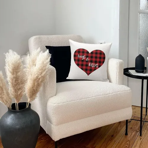 Vista 7 de Red and Black Buffalo Plaid Love Heart Hugs and Kisses Decorative Pillow Cover for Sofa Couch Chair Office Decor 16"x16",Romantic Valentine Pillow