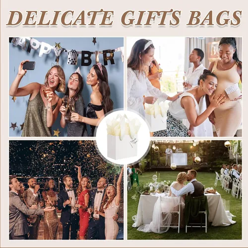 Vista 7 de Qilery 50 bolsas de regalo de papel de boda a granel con papel de seda, pequeñas bolsas de regalo con asa y etiquetas para cumpleaños, bodas