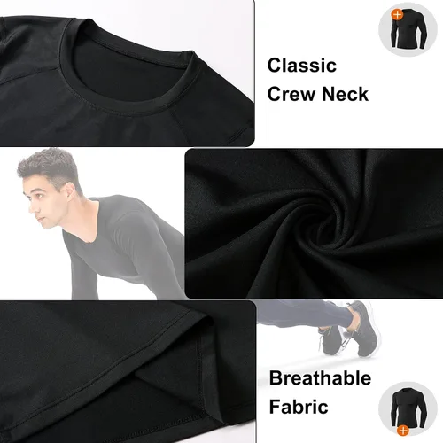 Vista 3 de 3 Pack Men's Athletic Long Sleeve Compression Shirts Base-Layer Quick Dry Workout T Shirts Football Running Tops