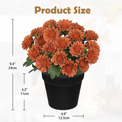 Vista 2 de Flores artificiales de crisantemo en maceta negra de 9 pulgadas, plantas artificiales de seda para decoración de interiores y exteriores, centro