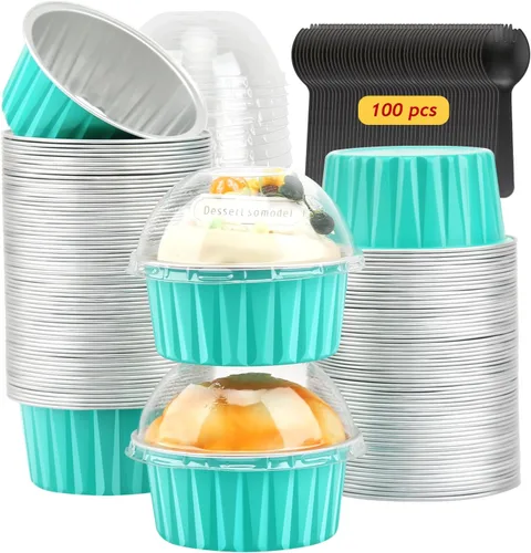 Vista 16 de LNYZQUS Mini moldes para hornear pasteles de 5 oz con tapas, paquete de 100, moldes desechables de aluminio para cupcakes, moldes pequeños