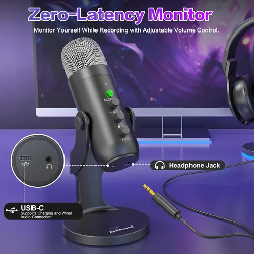 Vista 5 de ZealSound Micrófono Inalámbrico, Micrófono USB para iPhone PC iPad Teléfono Android - Micrófonos Condensadores de Escritorio Inalámbricos con Negro